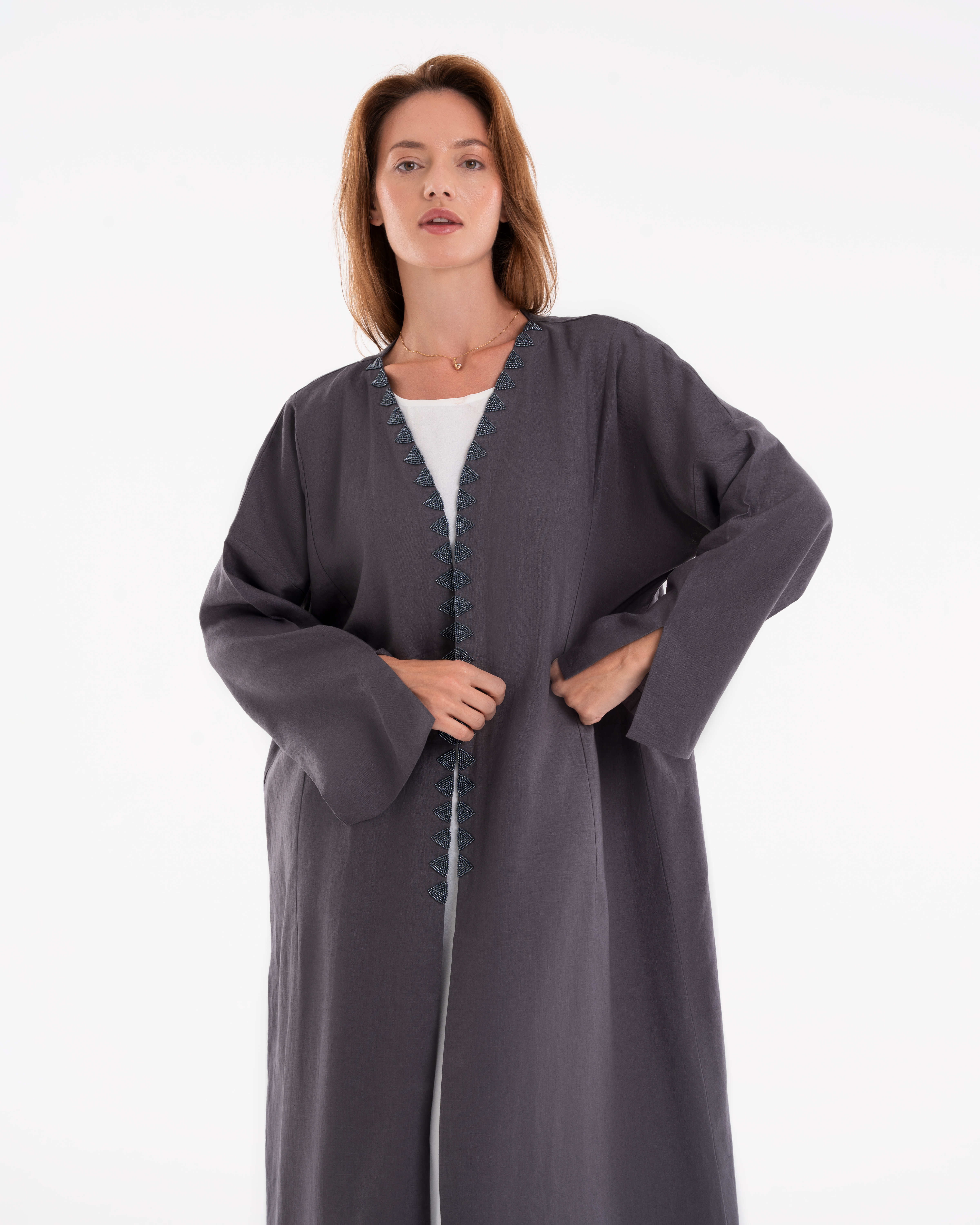 Charcoal Grey Abaya with Textured Trim