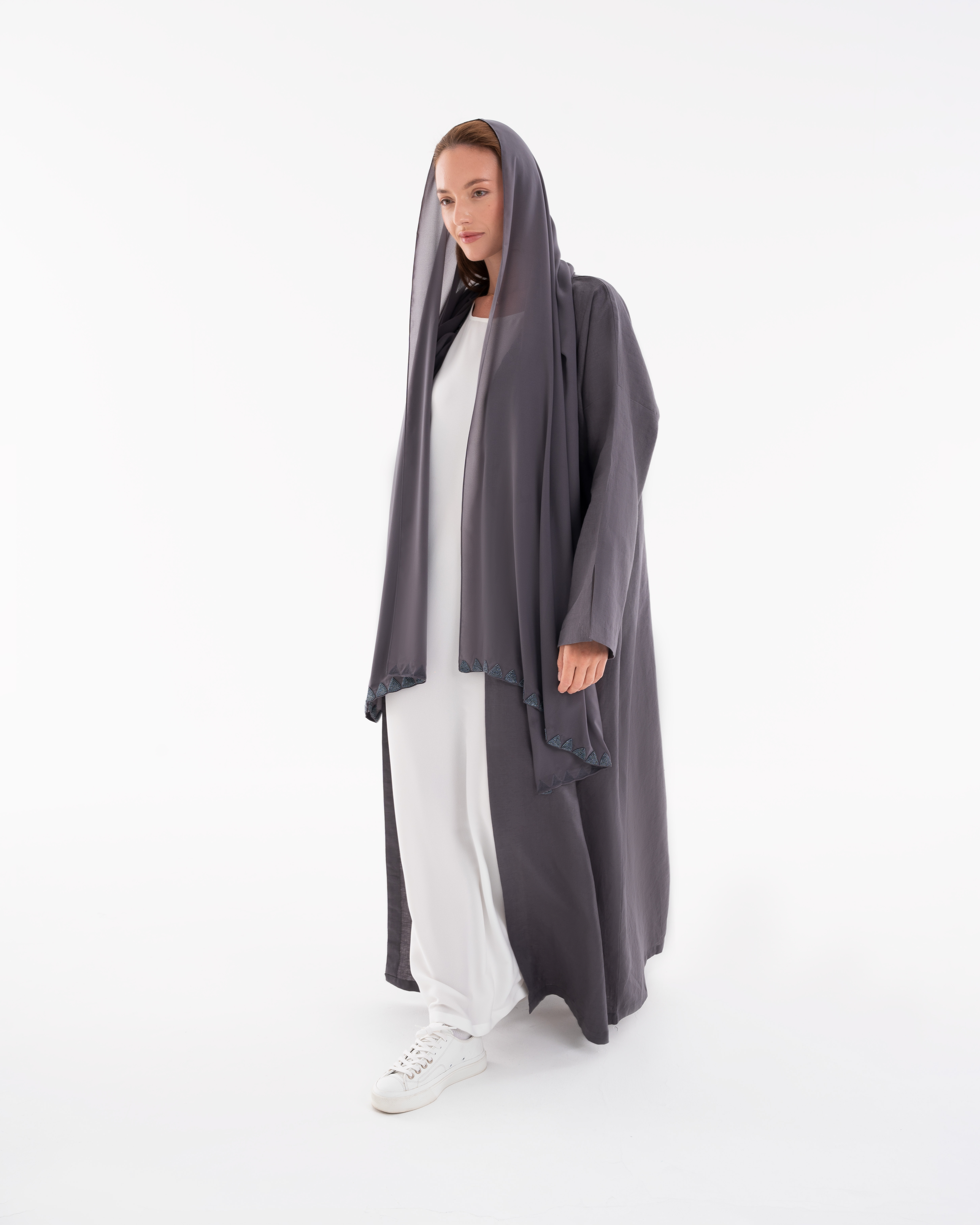 Charcoal Grey Abaya with Textured Trim